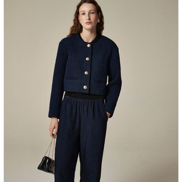 J.Crew Tweed Bomber Lady Jacket Navy Wool Blend Preppy Cropped Relaxed US 12 NWT - Picture 2 of 11